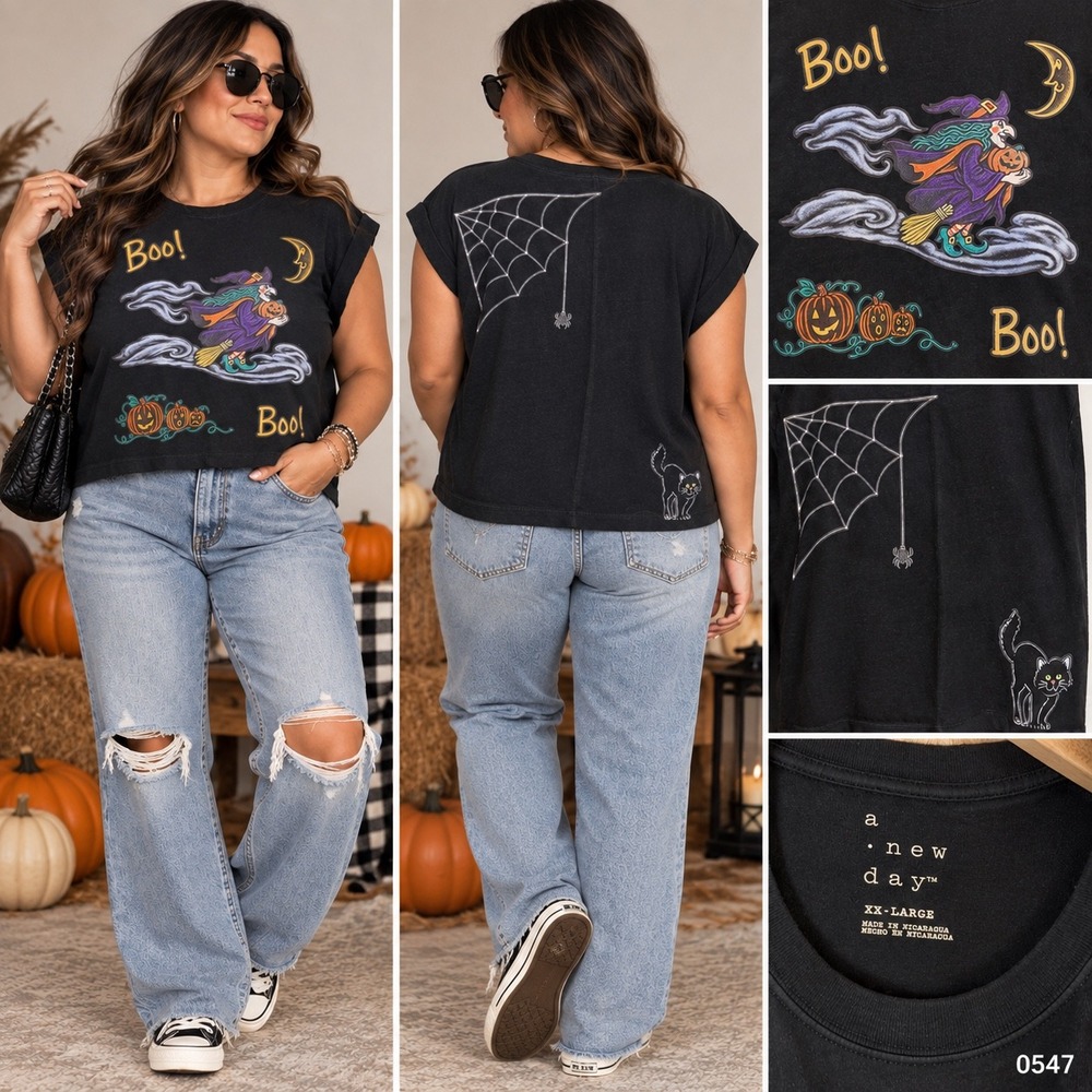 A New Day Boutique Halloween Witch Boo Graphic Cap Sleeve Tee Black XXL 0547